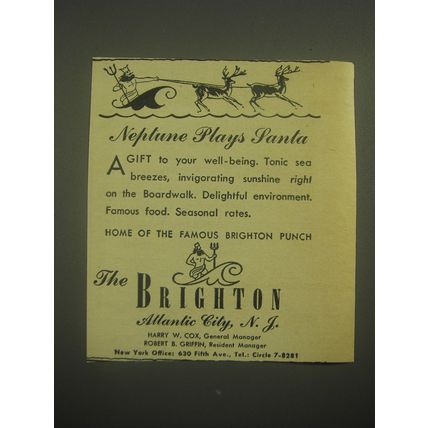 1945 The Brighton Hotel, Atlantic City Ad - Neptune plays Santa