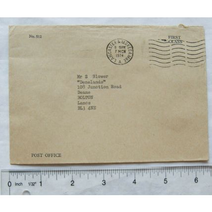 1974 envelope Post Office Lancaster & Morecambe A to Blower, Deane, Bolton