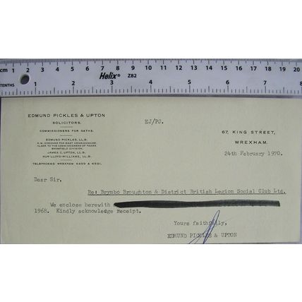 1970 letter Edmund Pickles & Upton re Brymbo Broughton & Dist. British Legion