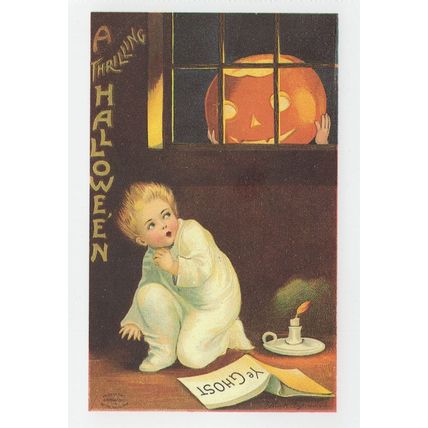 Pumpkin Head Scaring Child Reading Ghost Book Halloween Postcard