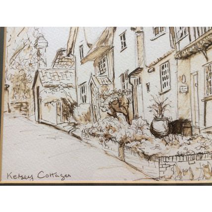 Kersey Cottages Original Pen & Watercolour Painting By Jean G. Mounted & Framed