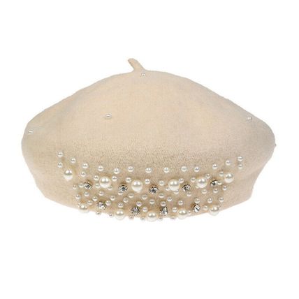Women Wool Beret Blend Hat Shiny Diamante Pearl Mesh Fascinator Cap Wedding Tea