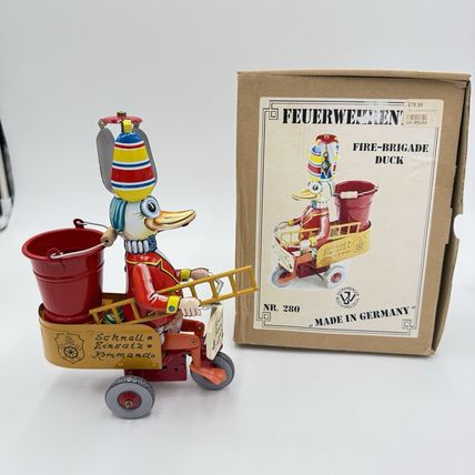 Fire Brigade Duck Tin Toy Germany Wilesco #280 Blechspielzeug Windup Works Boxed