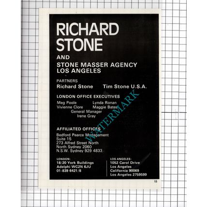 Richard Stone Stone Masser Agency Vivienne Clore Lynda Ronan - 1986 Advert