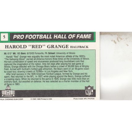 HAROLD "RED" GRANGE 1990 AUTOGRAPHED HOF WORLD CHAMPION RUNNING BACK CARD