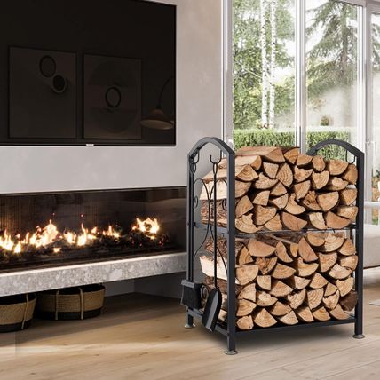 Sunolga Firewood Rack Indoor, 5-Piece Fireplace Tools Set 28 Inches Tall Firewoo