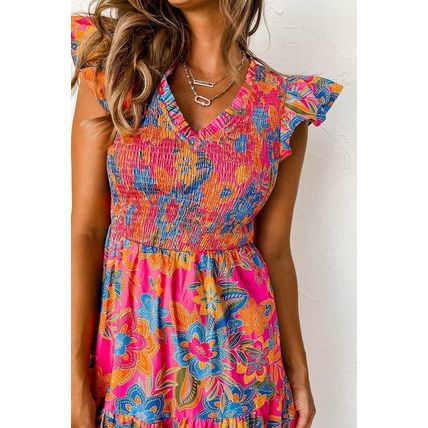 Rose Red Boho Floral V Neck Ruffle Tiered Long Dress