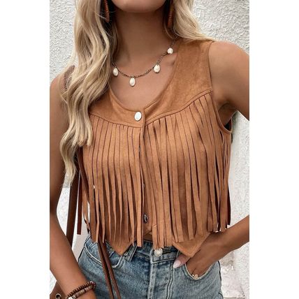 Camel Fringed Snap Button Front Suedette Vest