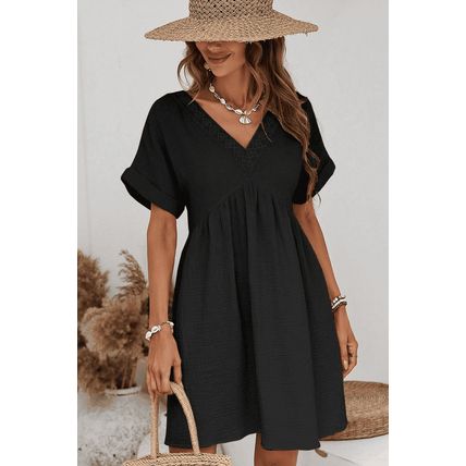 Black Folded Short Sleeve Lace V Neck Mini Dress