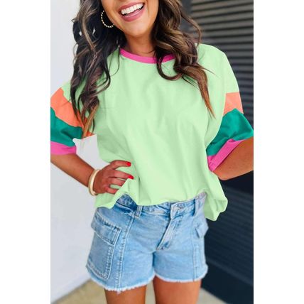 Green Color Block Stitching Sleeve Round Neck Oversize Top
