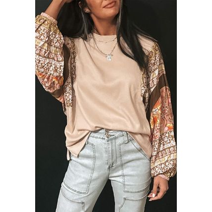 Parchment Contrast Floral Patchwork Puff Sleeve Waffle Knit Top