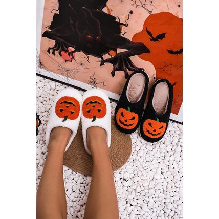 Black Halloween Pumpkin Print Plush Slippers