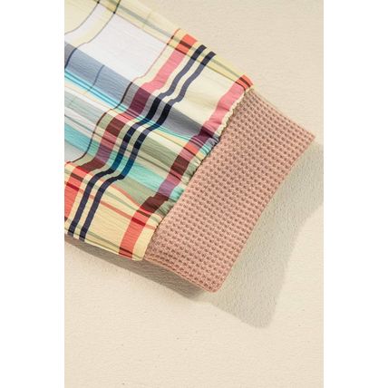 Parchment Plus Size Plaid Patchwork Layered Henley Top
