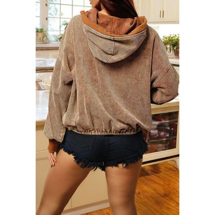 Chestnut Half Zipper Kangaroo Pocket Drawstring Corduroy Hoodie