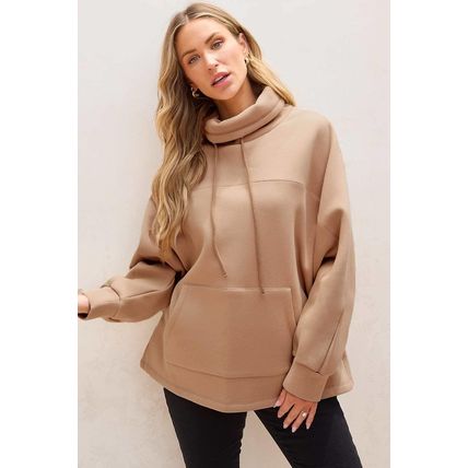 Light French Beige Drawstring Turtleneck Dolman Sleeve Sweatshirt