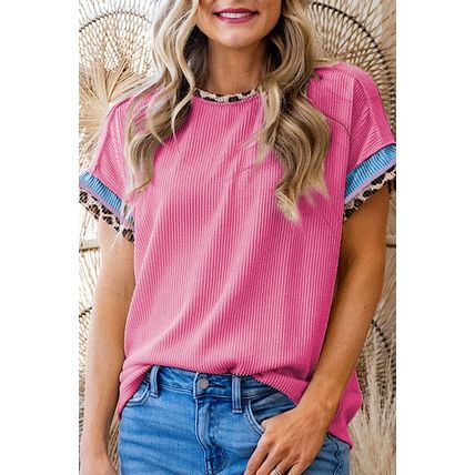 Bonbon Leopard Patchwork Corded Knit Crew Neck T Shirt