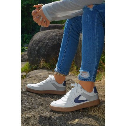 Navy Blue Color Contrast PU Leather Lace-up Sneakers