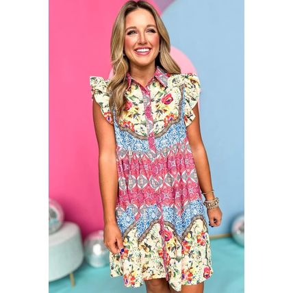 Rose Floral Mixed Pattern Ruffle Flutter Sleeve Buttoned Dress