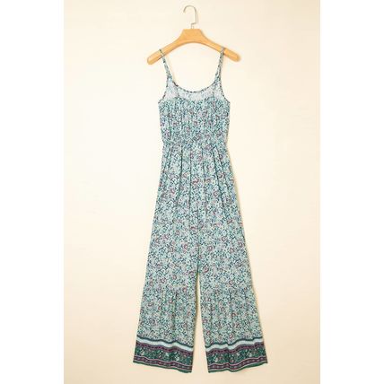 Green Bohemian Floral Ruffle Bottom Spaghetti Strap Jumpsuit