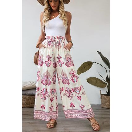 Rose Boho Printed Shirred High Waist Flowy Wide Leg Pants