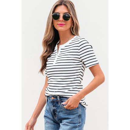 White Stripe Textured Short Sleeve Buttoned Henley Top
