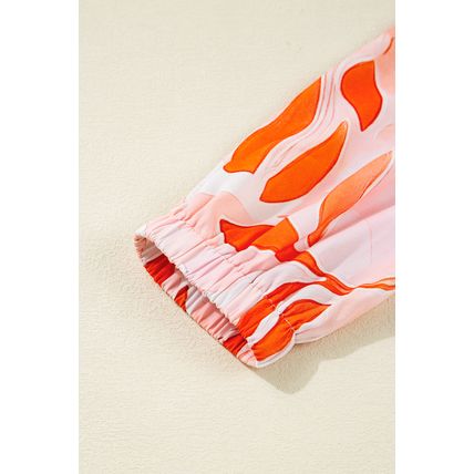 Orange Abstract Print Split Neck Long Sleeve Dress