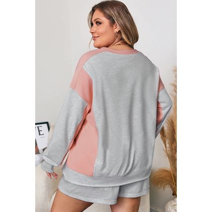 Light Grey Uneven Hem Colorblock Pullover Casual Shorts Plus Size 2pcs Outfit