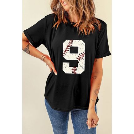 Black Number 9 Distressed Baseball Pattern Oversize Tee