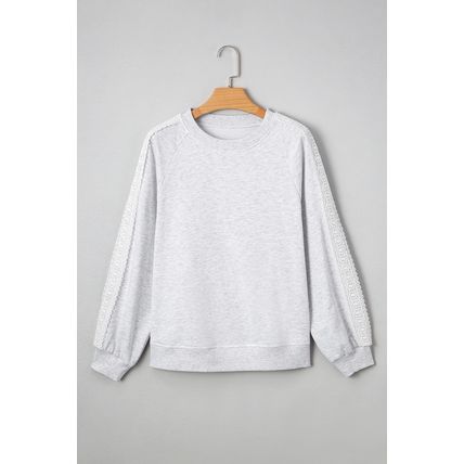 Light Grey Lace Patchwork Raglan Sleeve Crew Neck Sweatshirt