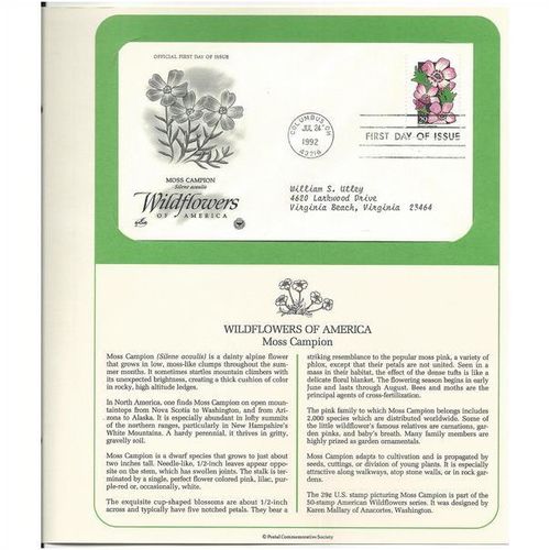 WILDFLOWERS OF AMERICA : MOSS CHAMPION 'OFFICIAL FIRST DAY of ISSUE ' (1992)