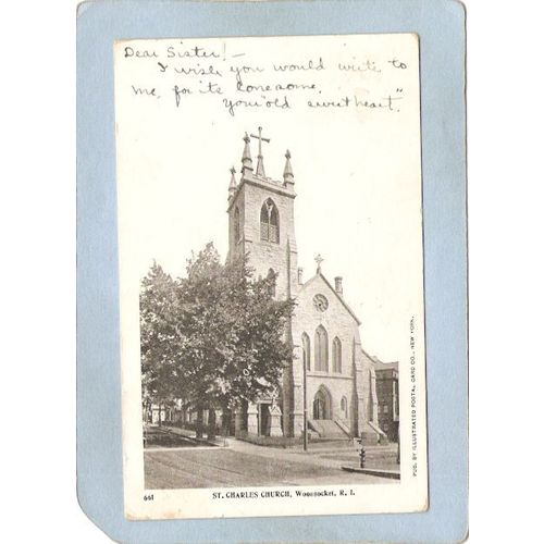 Rhode Island Woonsocket Postcard St Charles Church Undivided Back~1283