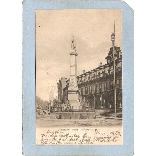 Rhode Island Woonsocket Postcard Soldiers Monument Undivided Back~1243