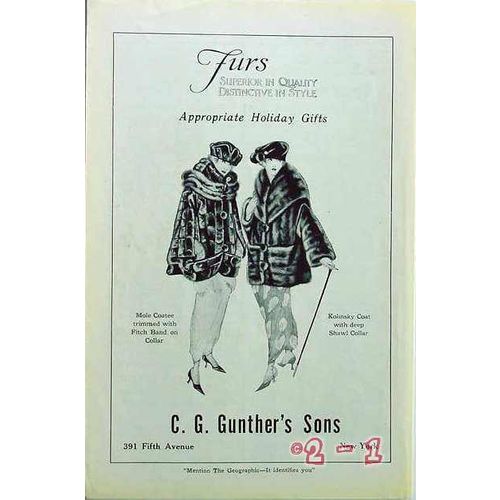 C. G. GUNTHERS SONS 1919 deco womens fur coat vintage ad