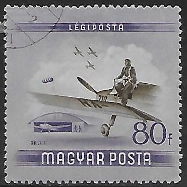 Mi 1379: 80 f. blue-violet/sepia Flying Day: Powered Aircraft Zlin Z 22 Ju Ak