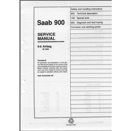 Saab 900 Airbag Workshop Manual 1994 199321052 PDF