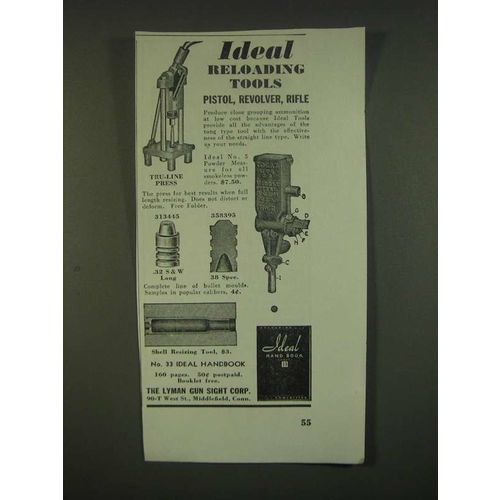 1940 Lyman Ideal Reloading Tools Ad - Tru-Line Press and No. 5 Powder Measure