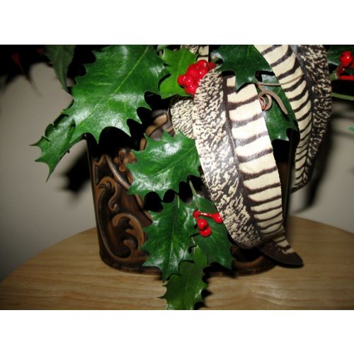 Handmade Winter Flower Arrangement-Hanging Vase of Poinsettia, Holly & Feathers