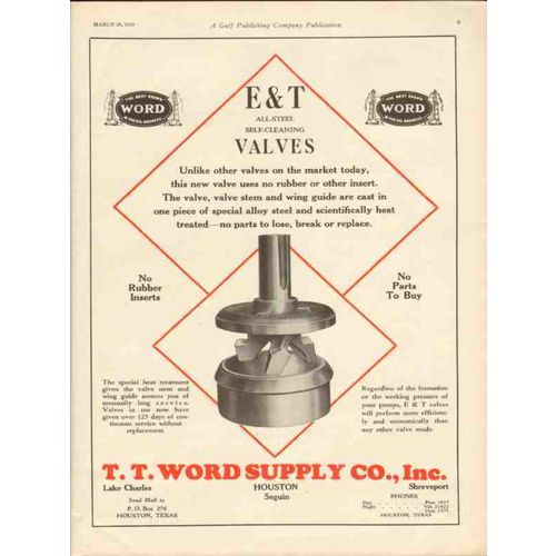 T T WORD SUPPLY COMPANY 1930 E and T steel valves oilfield vintage ad