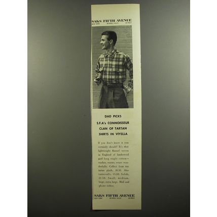 1952 Saks Fifth Avenue Viyella Shirt Ad - Dad picks S.F.A's connoisseur clan
