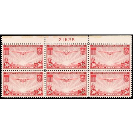 C22, Mint VF NH 50¢ Top Plate Block of Six Stamps ..*** Stuart Katz