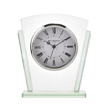 Widdops Glass Mantel Clock Glass Art Deco Style 15 CM White Face Roman Numerals