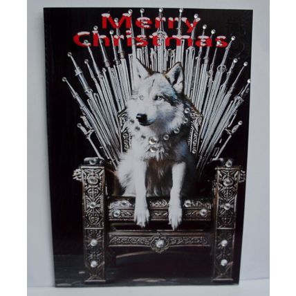 STUNNING WOLF XMAS CARD WOLF ON A THRONE MADE OF SWORDS CHRISTMAS CARD