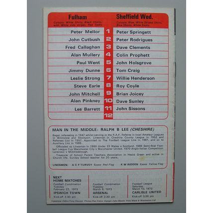 FULHAM v SHEFFIELD WEDNESDAY Div2 17/02/1973