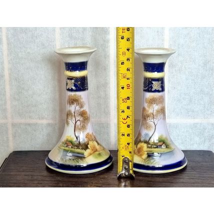 Pair of Candle Stick Holders, Noritake China, 1930s Japanese Porcelain Swan Lake