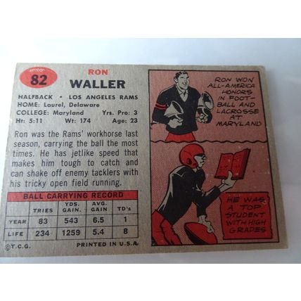 1957 Topps Football Card # 082 Ron Waller Very Good (3) Los Angeles Rams