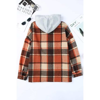 Orange Hooded Plaid Button Front Shacket