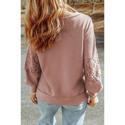 Pink Lace Waffle Patchwork Strappy V Neck Long Sleeve Top