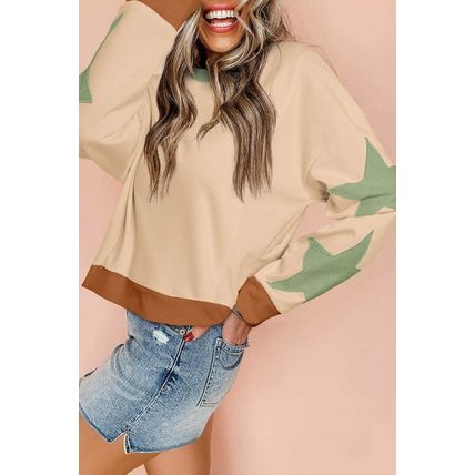 Parchment Star Patchwork Exposed Seam Oversized Sweatshirt