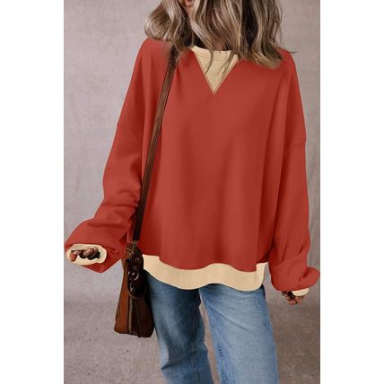 Red Clay Color Block Patch Drop Shoulder Oversized Sweatshirt