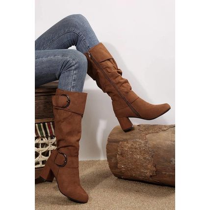 Coffee Suede Double Buckled Side Zipped Mid-calf Boots